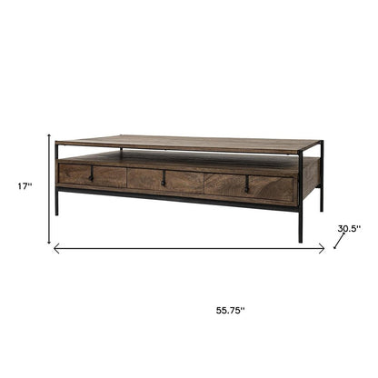 56" Brown and Black Solid Wood and Metal Coffee Table With Three Drawers