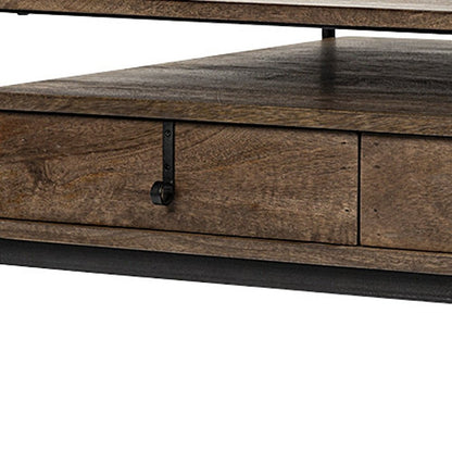 56" Brown and Black Solid Wood and Metal Coffee Table With Three Drawers