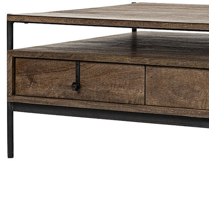 56" Brown and Black Solid Wood and Metal Coffee Table With Three Drawers