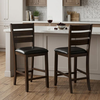 Set of Two 41" Black And Brown Faux Leather And Solid Wood Counter Height Bar Chairs