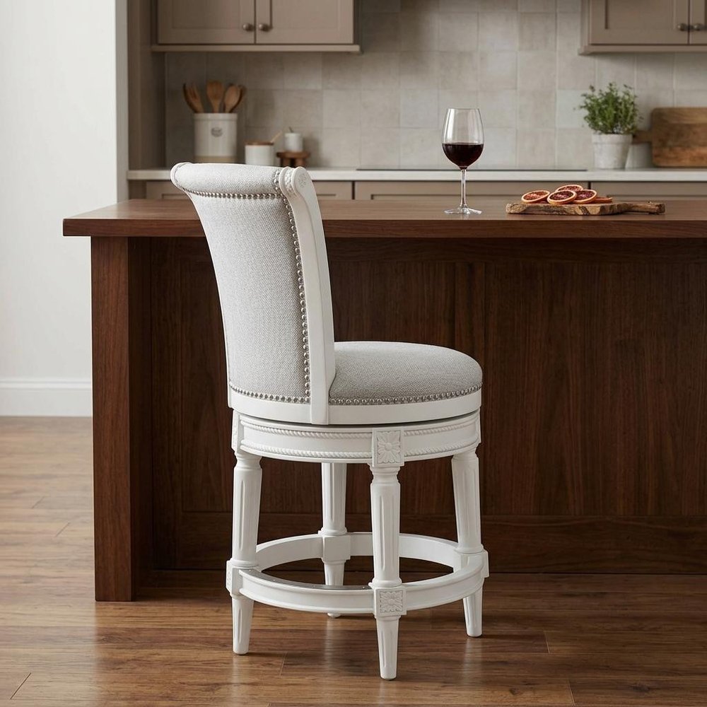 39" Light Gray And White Fabric And Linen And Wood Counter Height Swivel Bar Chair