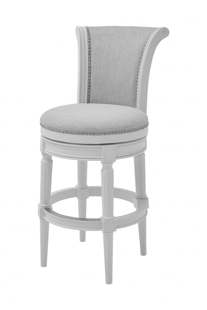 31" Light Gray And White Linen And Solid Wood Swivel Bar Chair