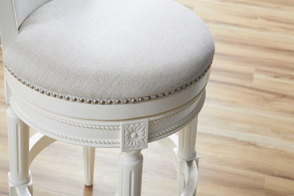31" Light Gray And White Linen And Solid Wood Swivel Bar Chair