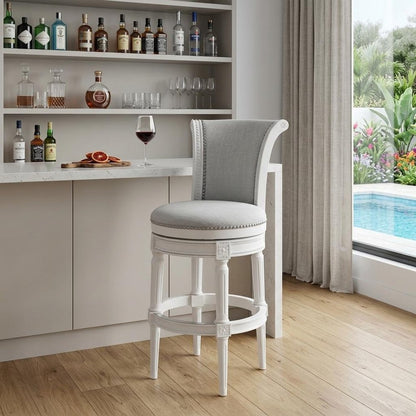 31" Light Gray And White Linen And Solid Wood Swivel Bar Chair