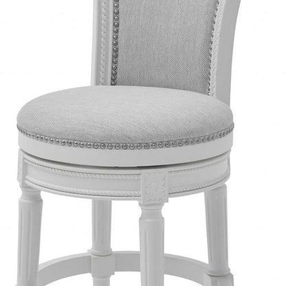 31" Light Gray And White Linen And Solid Wood Swivel Bar Chair