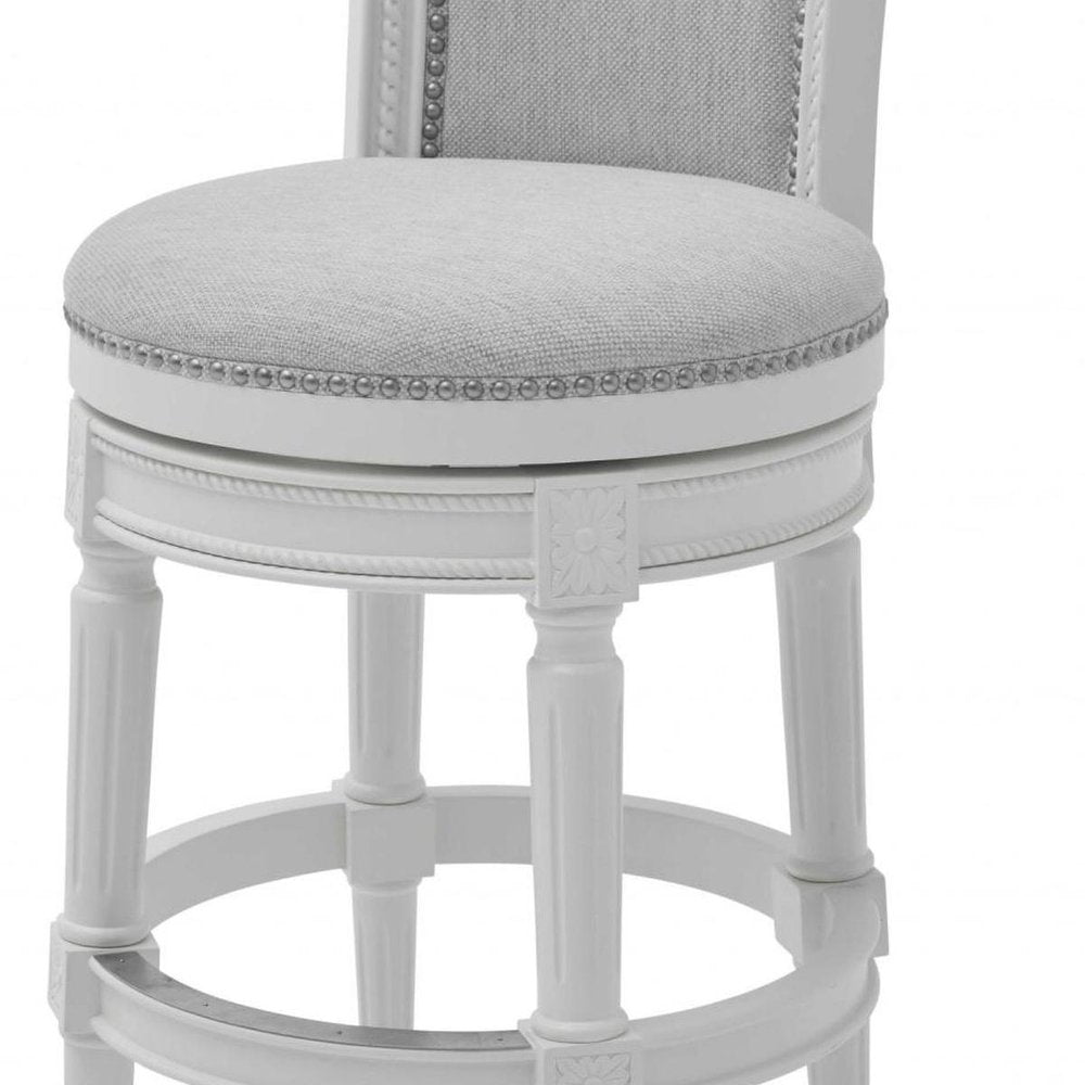 31" Light Gray And White Linen And Solid Wood Swivel Bar Chair