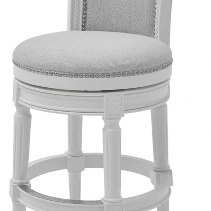31" Light Gray And White Linen And Solid Wood Swivel Bar Chair