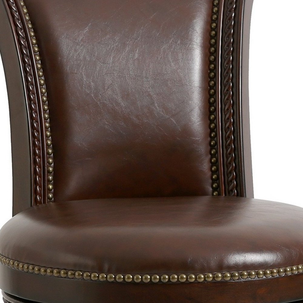 25" Dark Brown Faux Leather And Solid Wood Counter Height Swivel Bar Chair