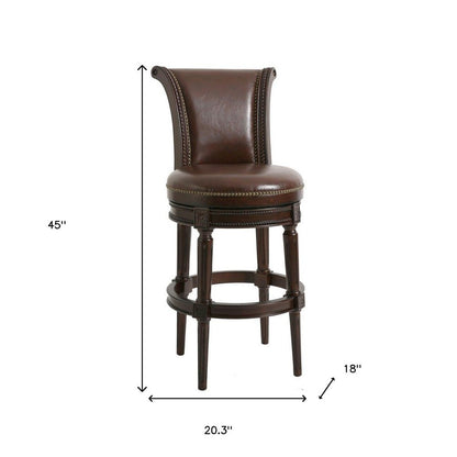 25" Walnut And Dark Brown Faux Leather And Solid Wood Bar Height Swivel Bar Chair
