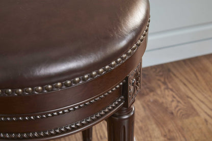 26" Dark Brown And Brown Faux Leather And Wood Backless Counter Height Swivel Bar Chair
