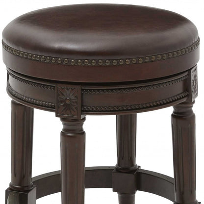 26" Dark Brown And Brown Faux Leather And Wood Backless Counter Height Swivel Bar Chair