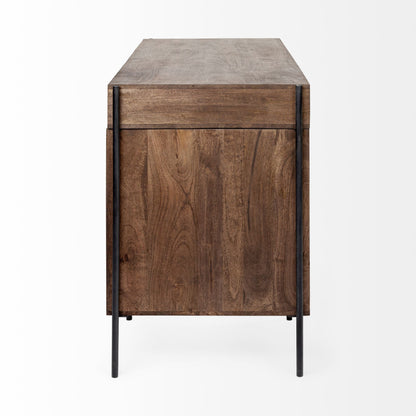 56" Medium Brown Wooden Writing Desk With 3 Drawers And 3 Open Shelves
