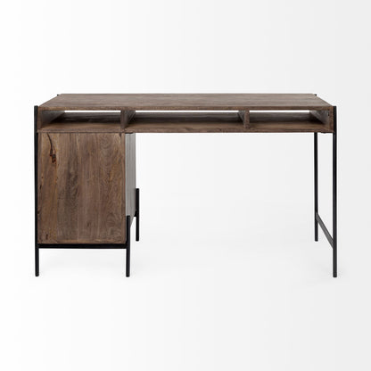56" Medium Brown Wooden Writing Desk With 3 Drawers And 3 Open Shelves