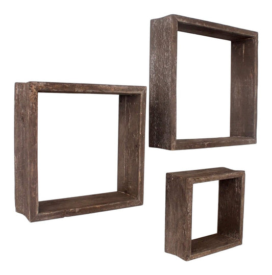 Set Of 3 Square Robins Egg Blue Reclaimed Wood Open Box Shelve