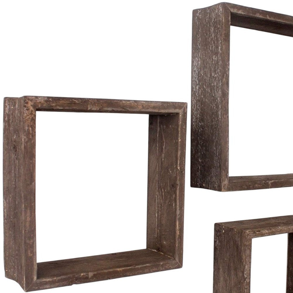Set Of 3 Square Robins Egg Blue Reclaimed Wood Open Box Shelve