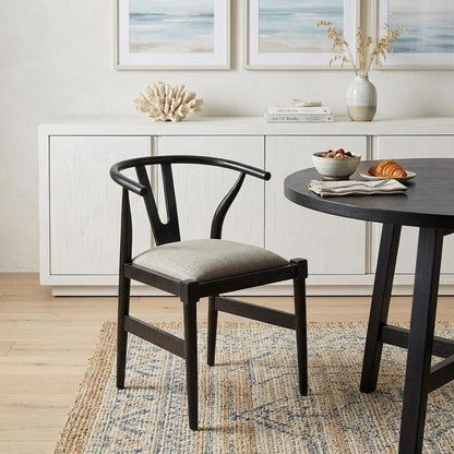 Beige And Black Upholstered Linen Wishbone Back Dining Side Chair