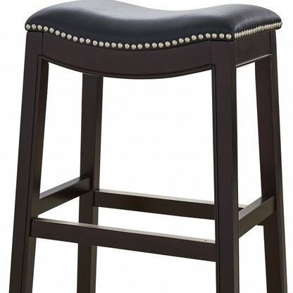 31" Black And Espresso Faux Leather And Solid Wood Backless Bar Height Bar Chair