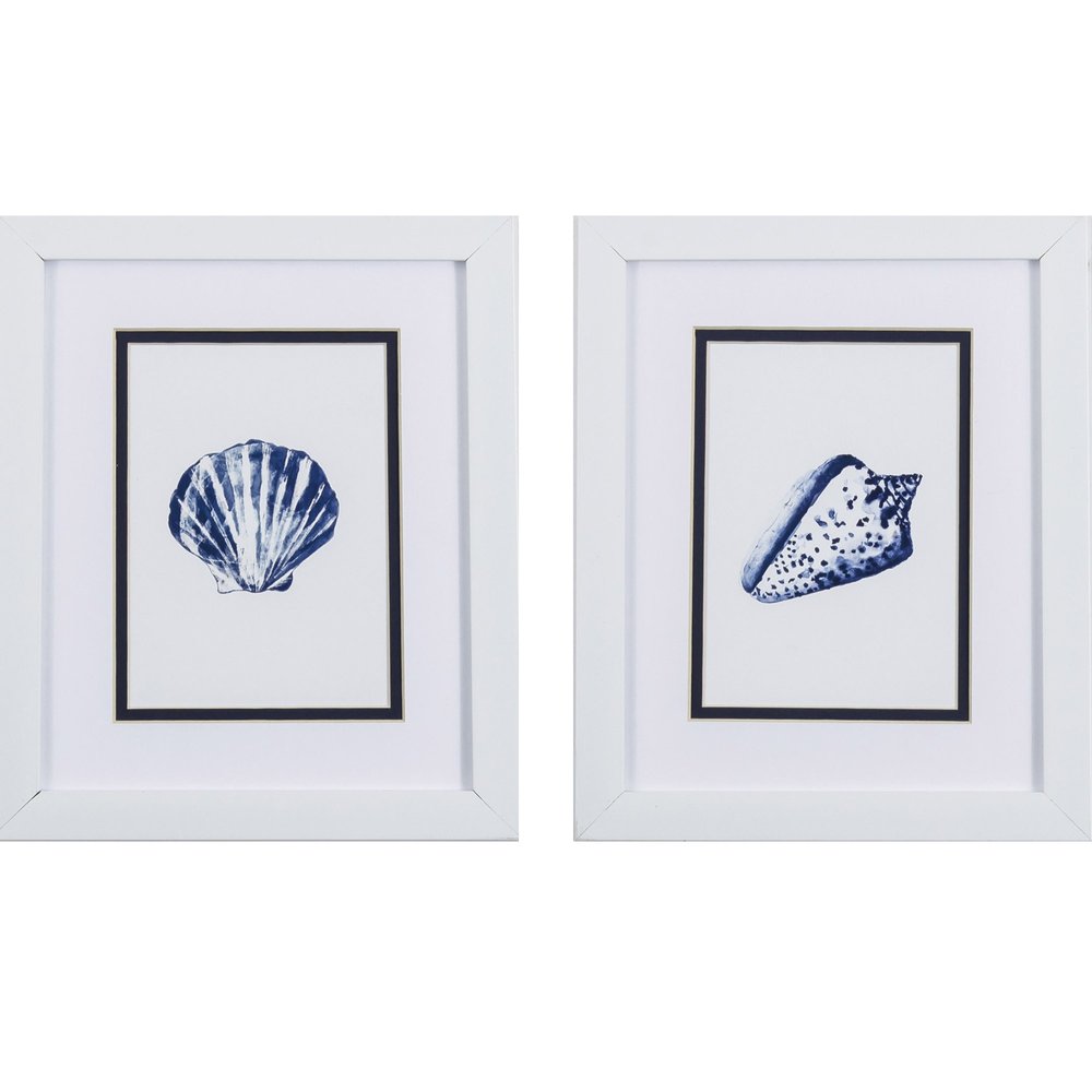 Set Of Two 11" x 9" Blue And White Seashell Wall Art