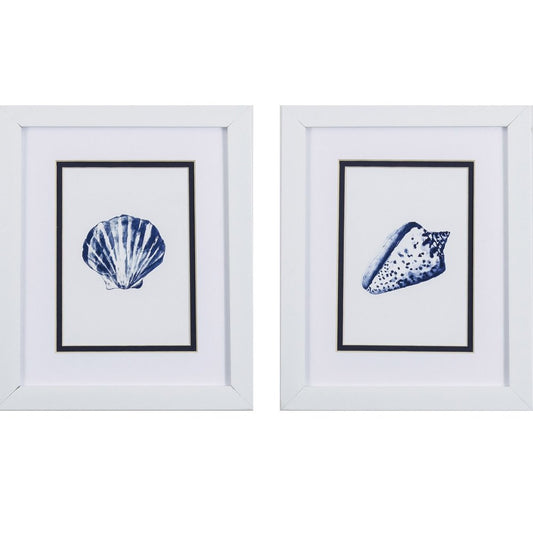 Set Of Two 11" x 9" Blue And White Seashell Wall Art