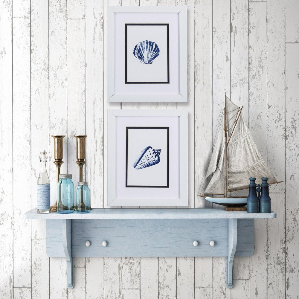 Set Of Two 11" x 9" Blue And White Seashell Wall Art
