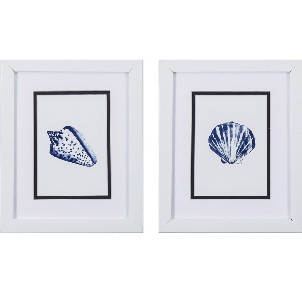 Set Of Two 11" x 9" Blue And White Seashell Wall Art