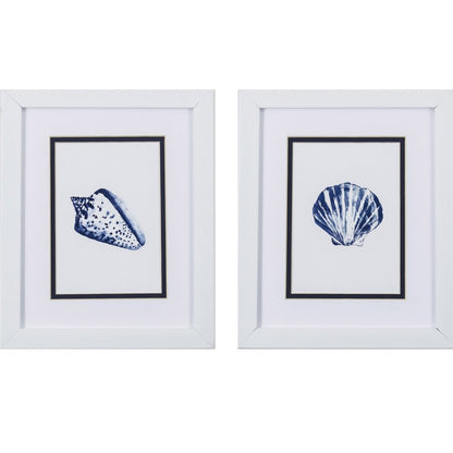Set Of Two 11" x 9" Blue And White Seashell Wall Art