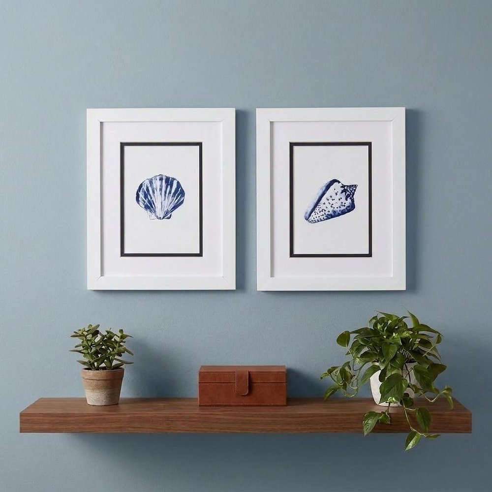 Set Of Two 11" x 9" Blue And White Seashell Wall Art