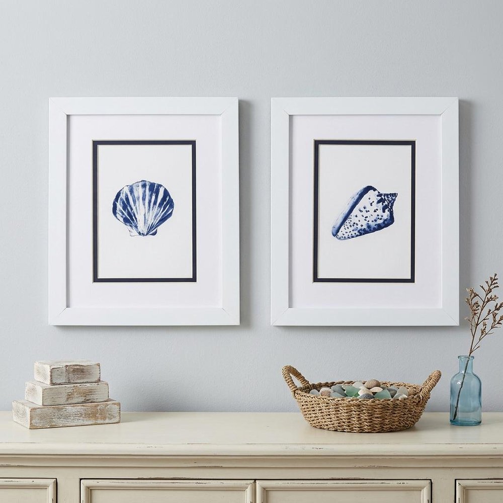 Set Of Two 11" x 9" Blue And White Seashell Wall Art