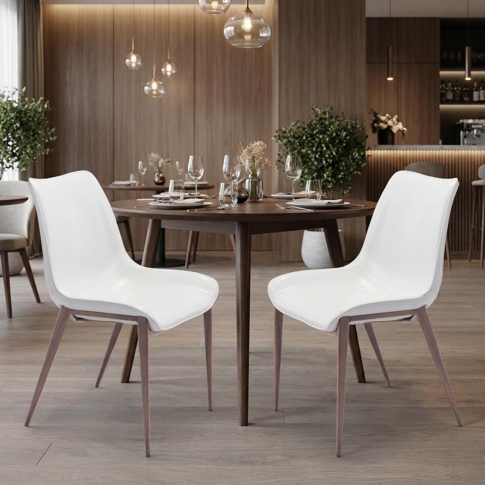Set of Two White and Brown Upholstered Faux Leather Dining Side Chairs