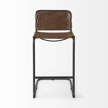 35" Brown And Black Leather And Metal Bar Height Bar Chair