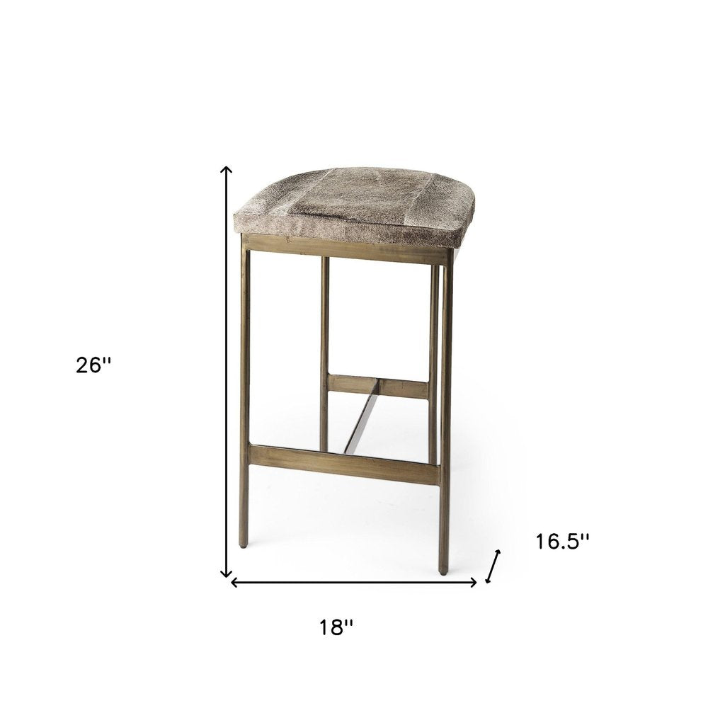29" Gray And Gold Hair on Hide Leather And Iron Backless Counter Height Bar Chair