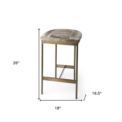 29" Gray And Gold Hair on Hide Leather And Iron Backless Counter Height Bar Chair