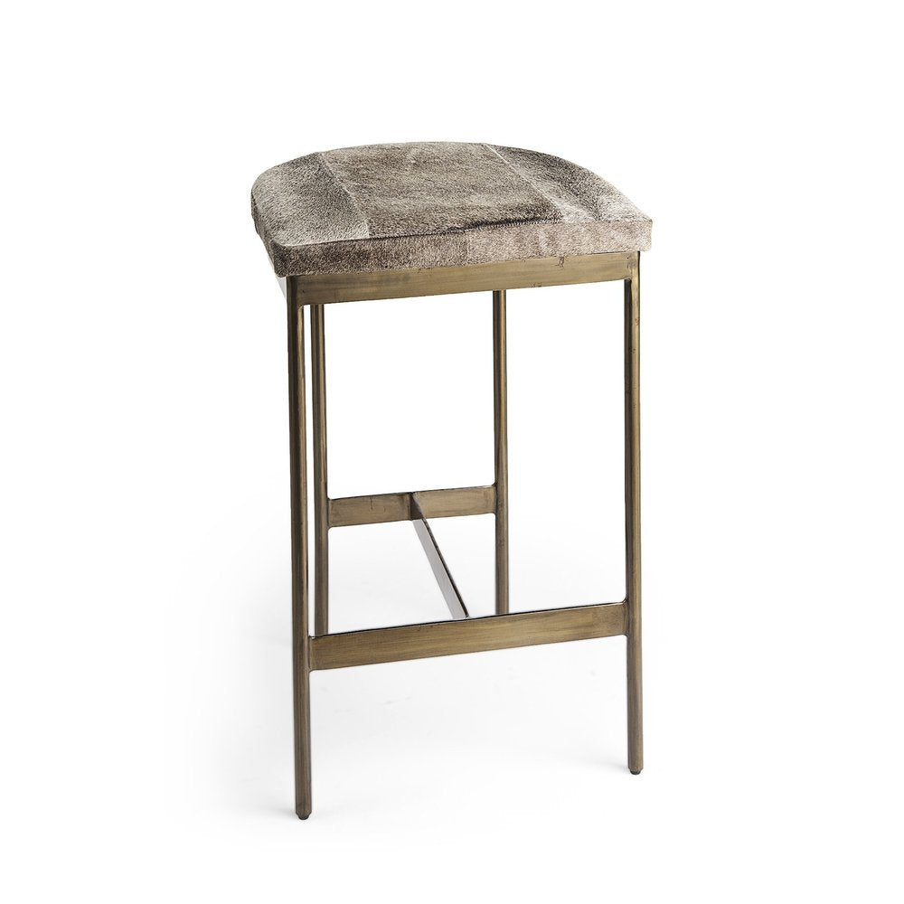 29" Gray And Gold Hair on Hide Leather And Iron Backless Counter Height Bar Chair