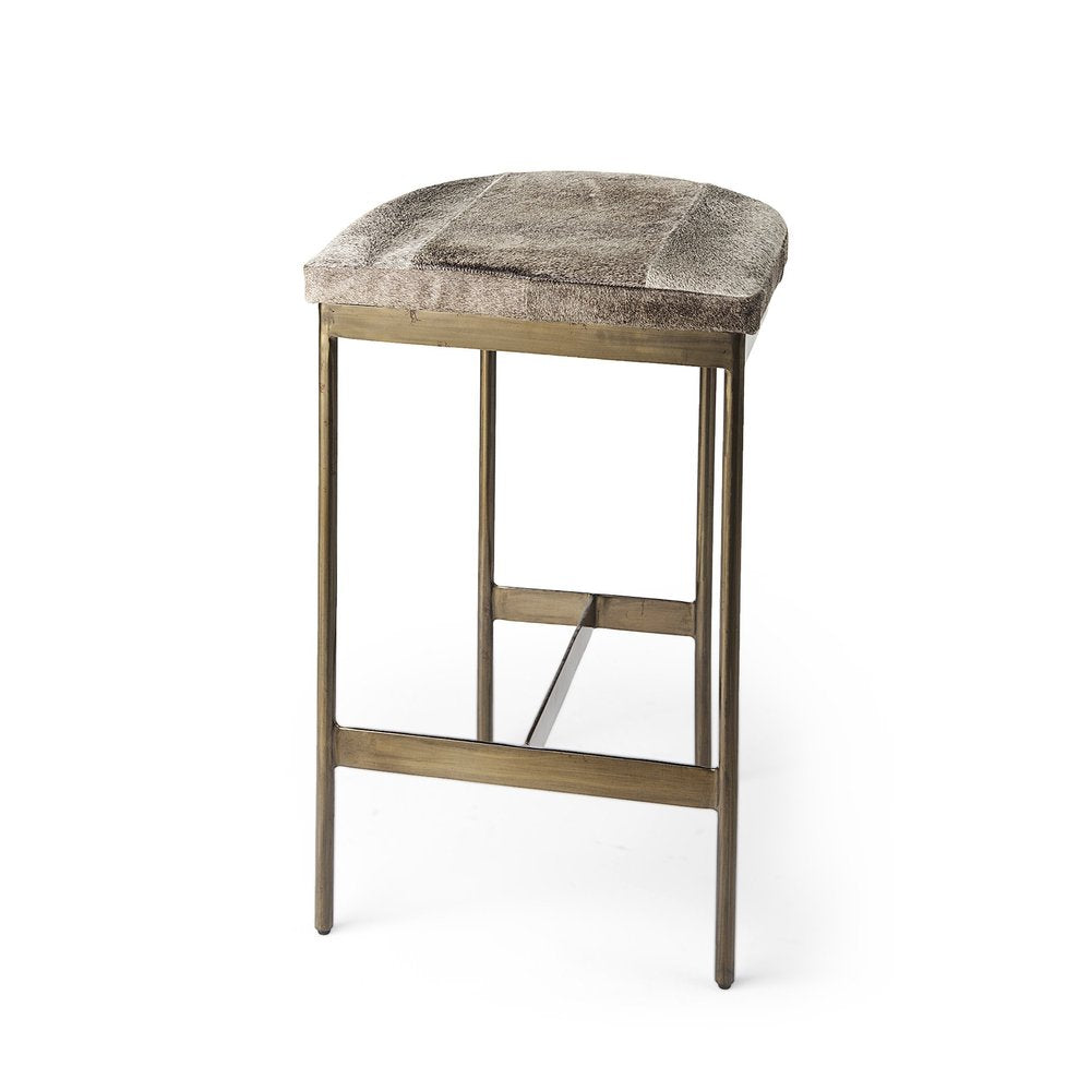 29" Gray And Gold Hair on Hide Leather And Iron Backless Counter Height Bar Chair