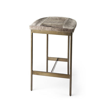 29" Gray And Gold Hair on Hide Leather And Iron Backless Counter Height Bar Chair