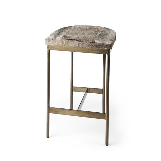 29" Gray And Gold Hair on Hide Leather And Iron Backless Counter Height Bar Chair