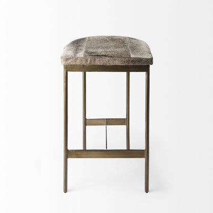 29" Gray And Gold Hair on Hide Leather And Iron Backless Counter Height Bar Chair