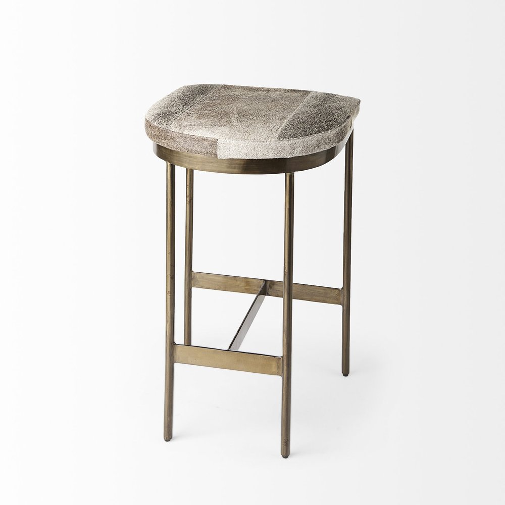 29" Gray And Gold Hair on Hide Leather And Iron Backless Counter Height Bar Chair