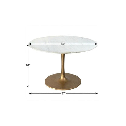47" White and Gold Marble and Steel Pedestal Base Round Top Dining Table