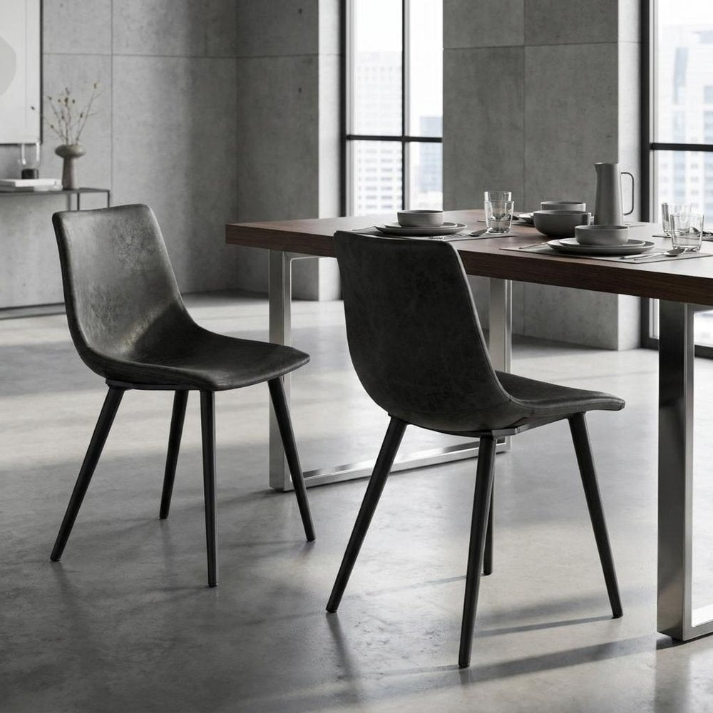 Set of Two Black Faux Leather And Steel Dining Side Chairs