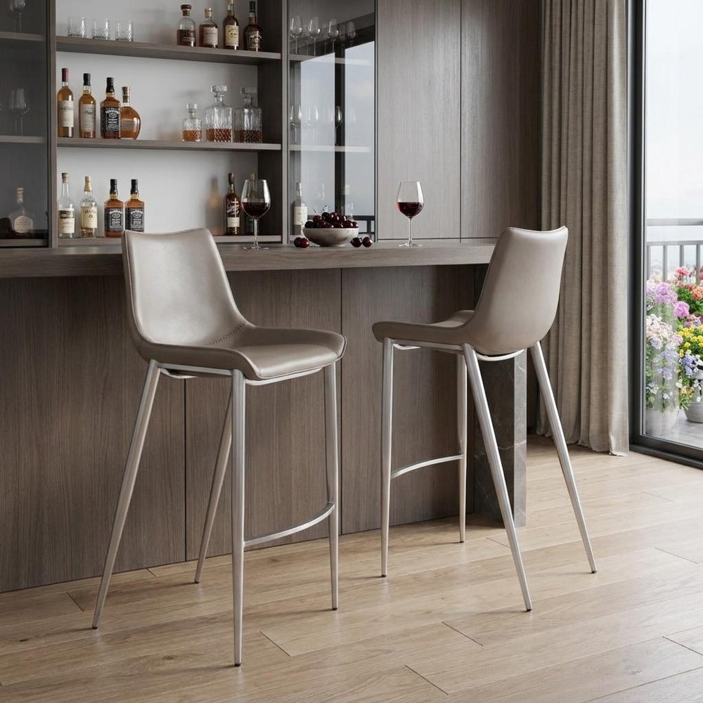 Set of Two 30" Gray And Silver Faux Leather And Steel Low Back Bar Height Bar Chairs