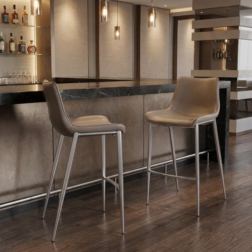 Set of Two 30" Gray And Silver Faux Leather And Steel Low Back Bar Height Bar Chairs