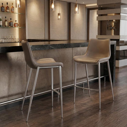 Set of Two 30" Gray And Silver Faux Leather And Steel Low Back Bar Height Bar Chairs