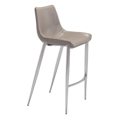 Set of Two 30" Gray And Silver Faux Leather And Steel Low Back Bar Height Bar Chairs