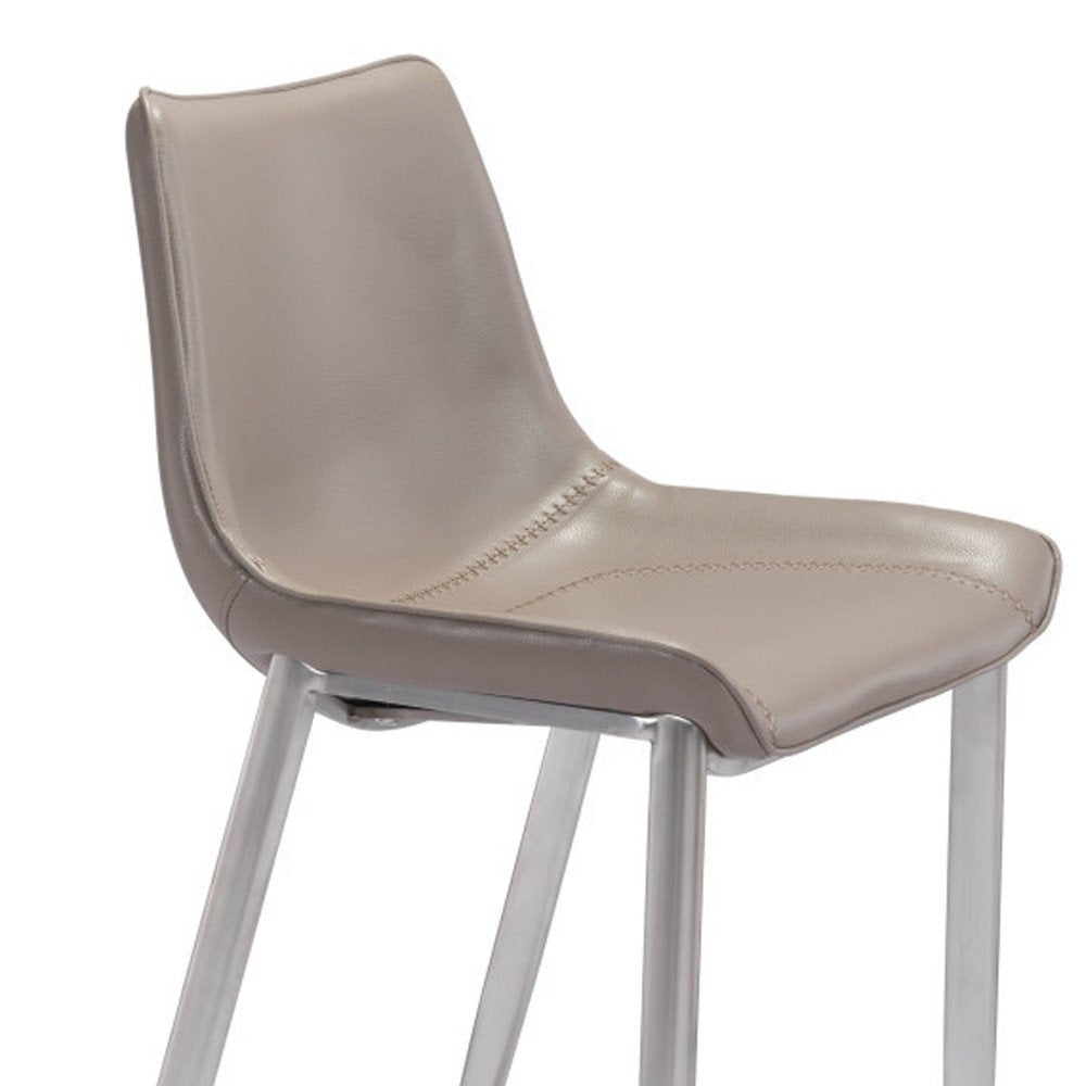 Set of Two 30" Gray And Silver Faux Leather And Steel Low Back Bar Height Bar Chairs