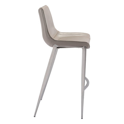 Set of Two 30" Gray And Silver Faux Leather And Steel Low Back Bar Height Bar Chairs