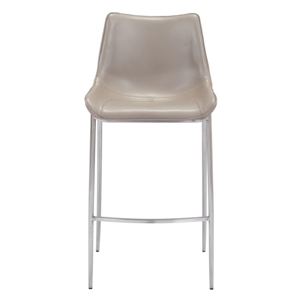 Set of Two 30" Gray And Silver Faux Leather And Steel Low Back Bar Height Bar Chairs