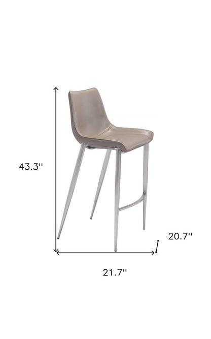 Set of Two 30" Gray And Silver Faux Leather And Steel Low Back Bar Height Bar Chairs