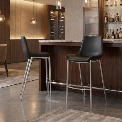 Set of Two 30" Black And Silver Faux Leather And Steel Low Back Bar Height Bar Chairs