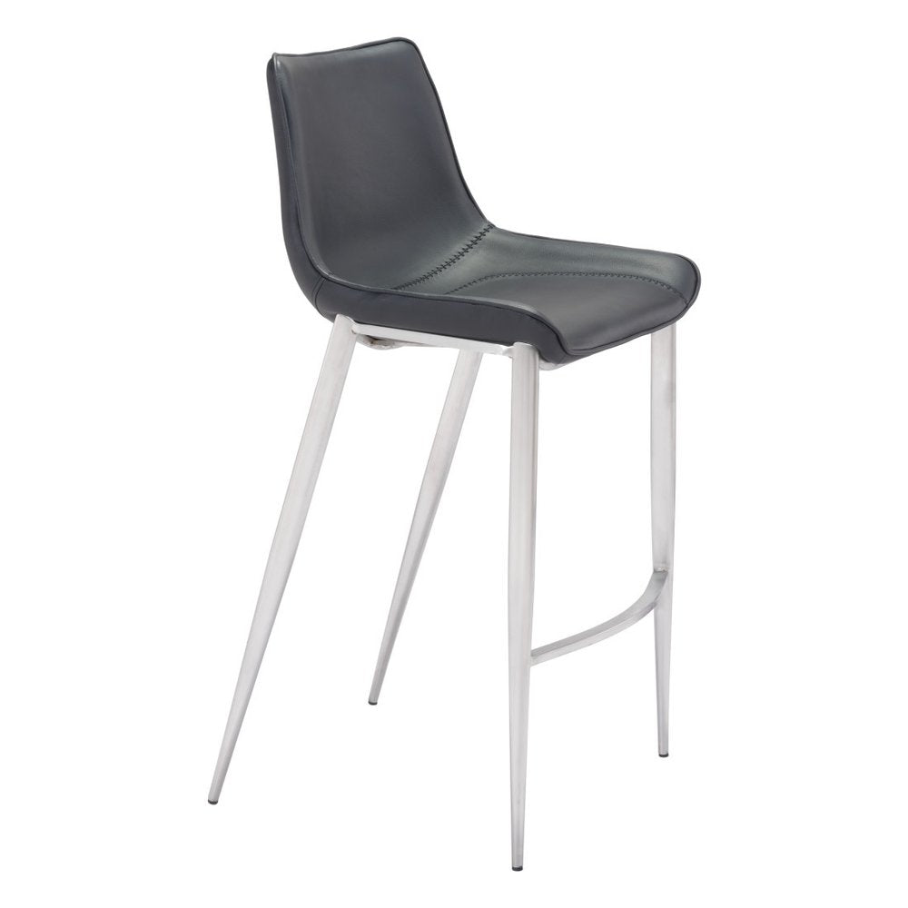 Set of Two 30" Black And Silver Faux Leather And Steel Low Back Bar Height Bar Chairs